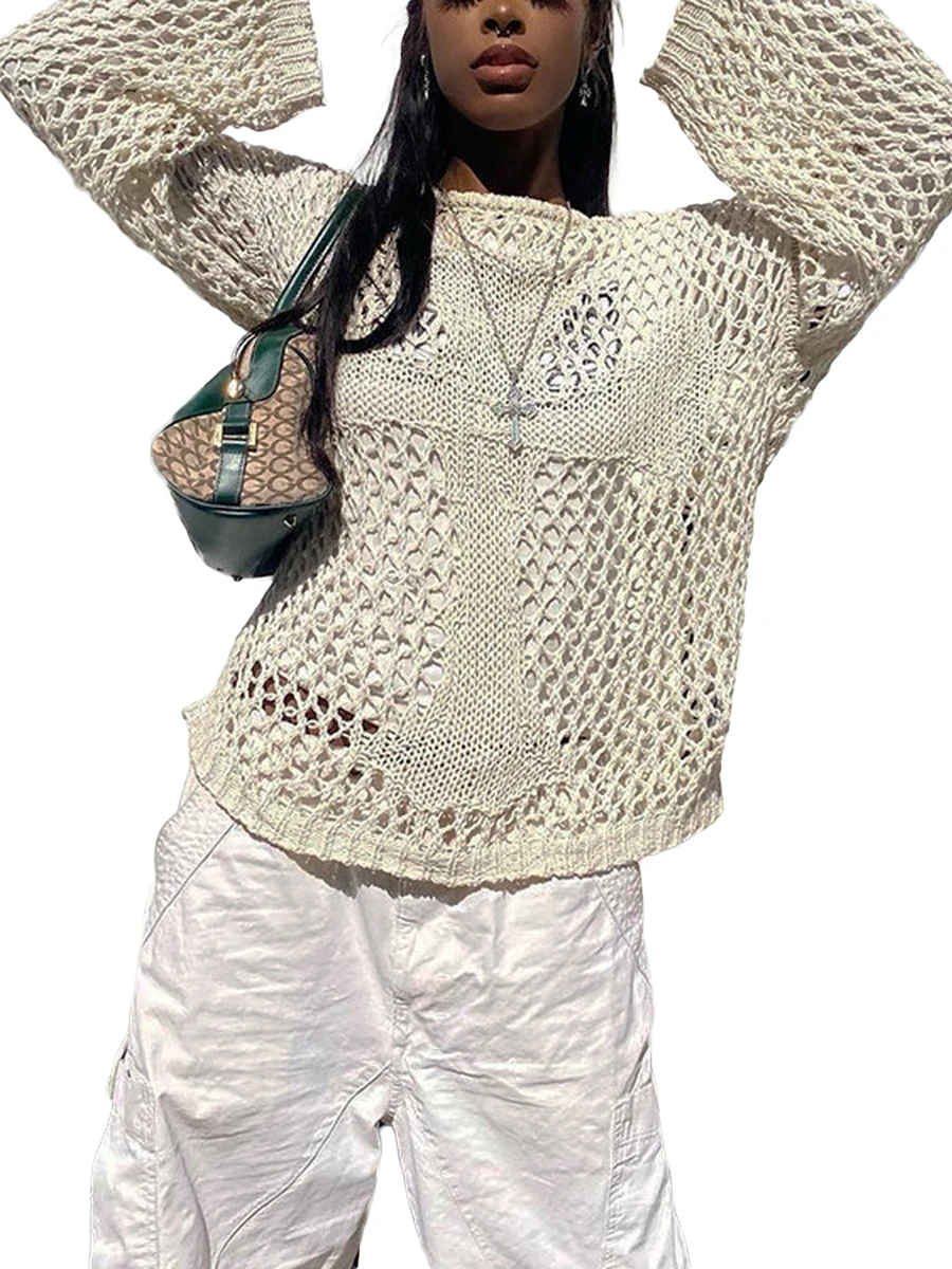 

Retro Hollowout Long Sve Loose Top Women's Summer Sweater round Ne A-Line Casual Comfortable Breathable Color