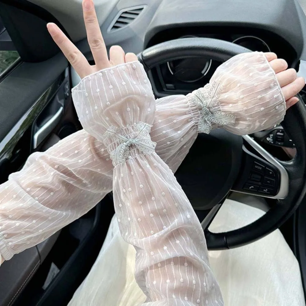 1 pair French Retro Bowknot Lace Sun Protection Sleeves Elastic Ruffle Trim Loose Fit Design Mesh Arm Covers