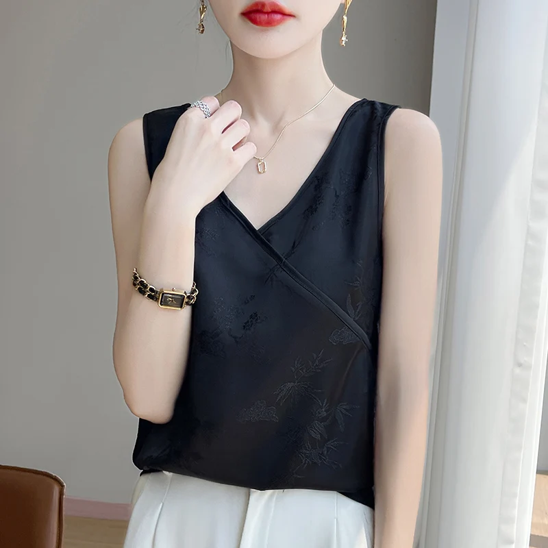 T-shirt da donna estate nuova canotta di seta gilet casual tinta unita scollo a V in raso T-shirt da donna vestiti allentati moda top gilet