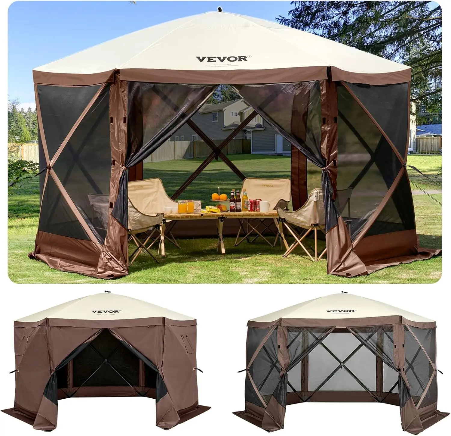 

12 * 12ft 6 Sided Pop-up Canopy Shelter Tent with Mesh Windows, Portable Carry Bag, Stakes, Large Shade Tents for Outdoor Cam