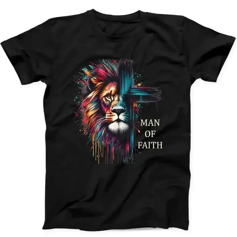 

Man of Faith Lion Christian Jesus Christmas Funny Gift Black T Shirt 234