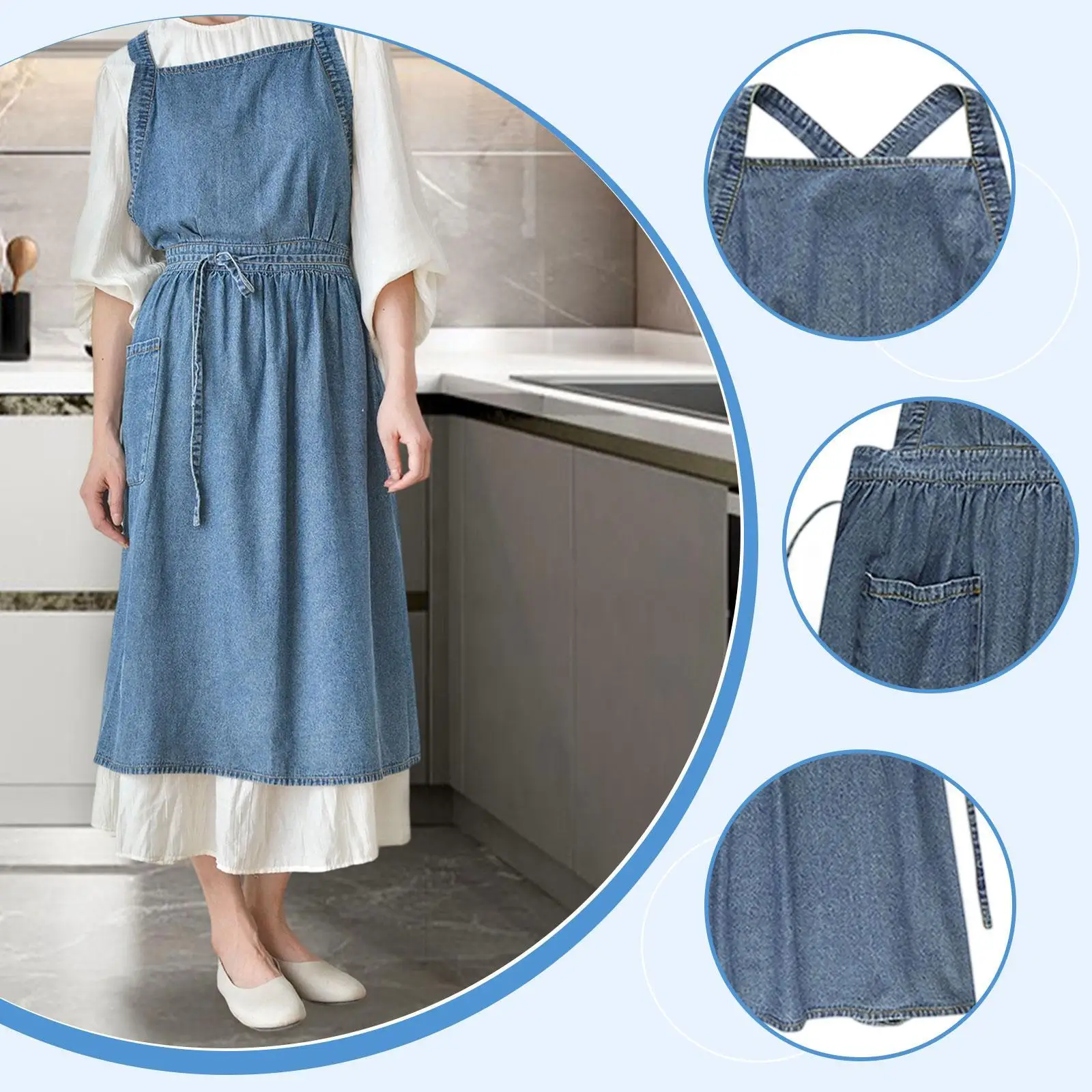 Denim Work Apron with Pockets, Cross Back Design for Cooking and Gardening