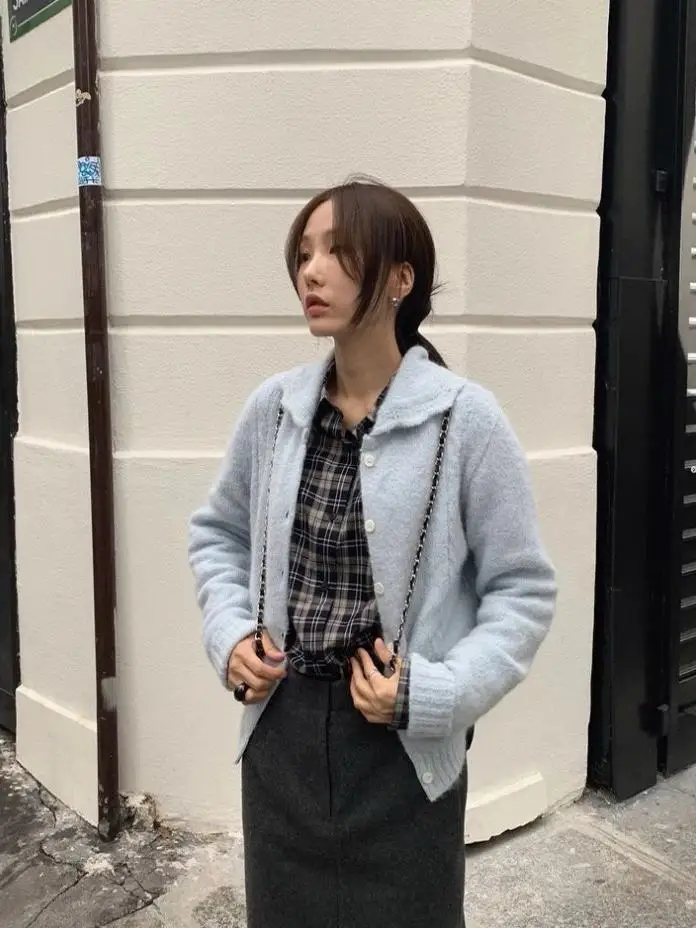 

Howus Dongdaemun Нежный однотонный вязаный открытый кардиган с кружевной отделкой на одной пуговице, женский осенний длинный свитер для поездок на работу...