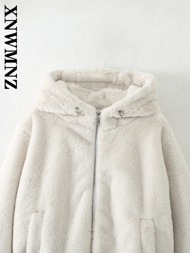 XNWMNZ 2024 Autumn New Woman Edgy Long Sleeve Faux Fur Jacket Top Vintage Winter Female Hooded Collar Hoodie Keep warm Coat