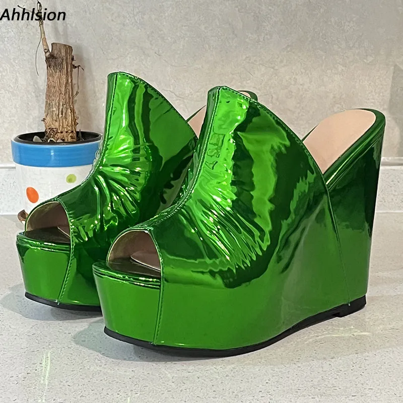 

Ahhlsion реальные фотографии женские летние сабо сандалии на танкетке и высоком каблуке с открытым носком зеленые повседневные пляжные туфли женские размеры США 4-20