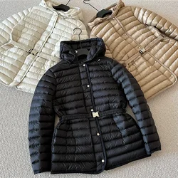 Winter Lightweight Puffer Jacket Women Short Hooded 90%White Duck Down Jacket Solid Single Breasted with Belt Warm Parka Outwear