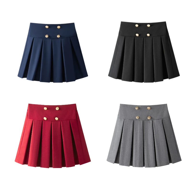 Girls Navy Pleated Skirt Double-Breasted Gold Buttons TR Fabric Wrinkle Resistant Front Flat Back Elastic Waist School Uniform