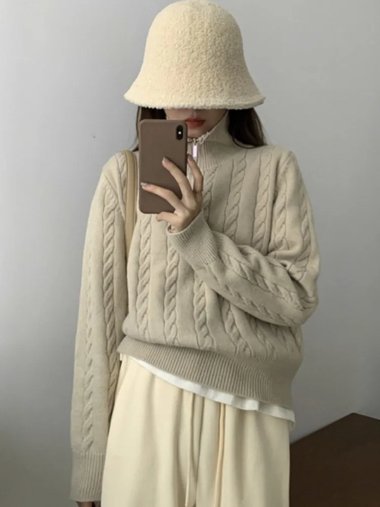 Ladies Thickened Knitted Sweater Half Zipper Twist Lazy Style Winter New Arrival Vintage Cozy Outerwear Korean Style Regular Fit