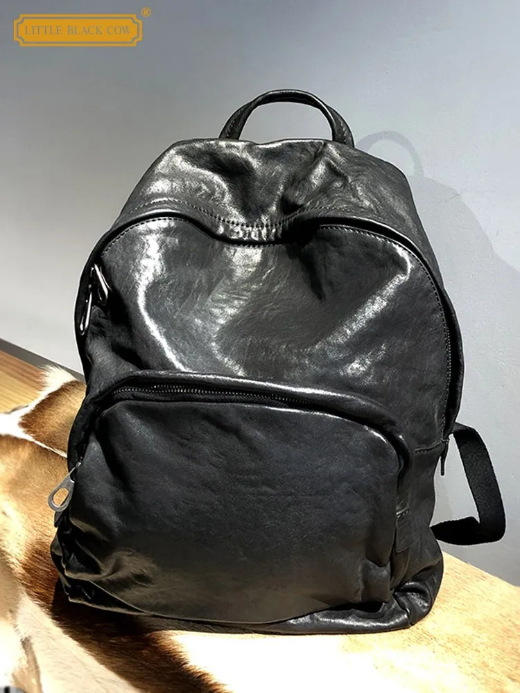 

Fashion Mens Travel Bag Daily Casual Simple Black Vintage Cowhide Genuine Leather Backpack Zipper Unisex Student School Backpack