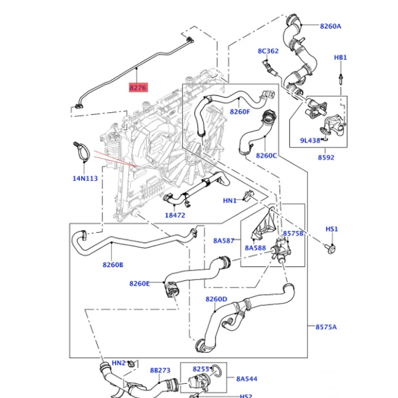 LR077702 LR034648 La nd Ro ve r Flexible hose - radiator to engine ventilation elbow