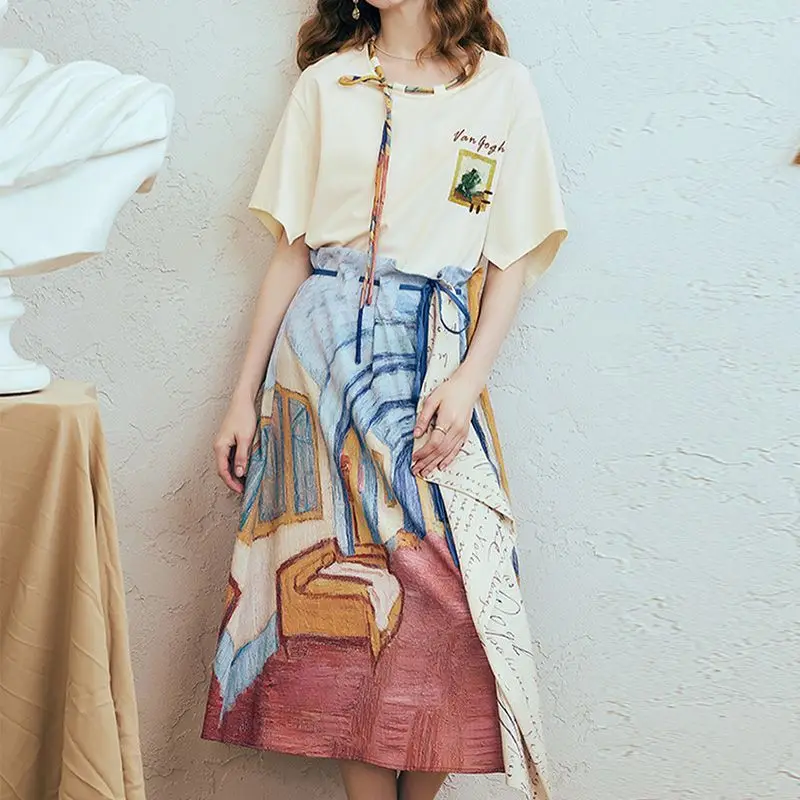 Van Gogh skirt 2025 summer new retro printing irregular art gallery female students slim and thin