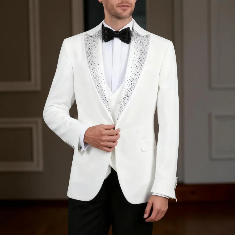 

Мужские костюмы для выпускного вечера из бисера для свадебной вечеринки, комплект из трех предметов, смокинг жениха на заказ, модный потрясающий костюм знаменитостей, куртка, брюки с жилетом