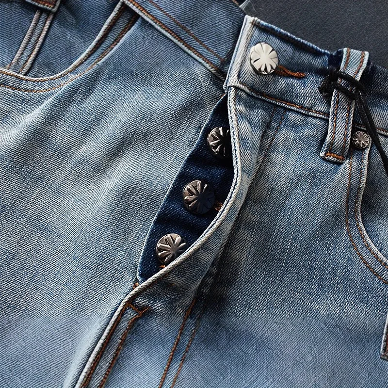 シンプルなヘビーデューティ刺繍高品質ヴィンテージウォッシュライトブルー LOSTSHDWS ジーンズハイストリートファッション男性女性