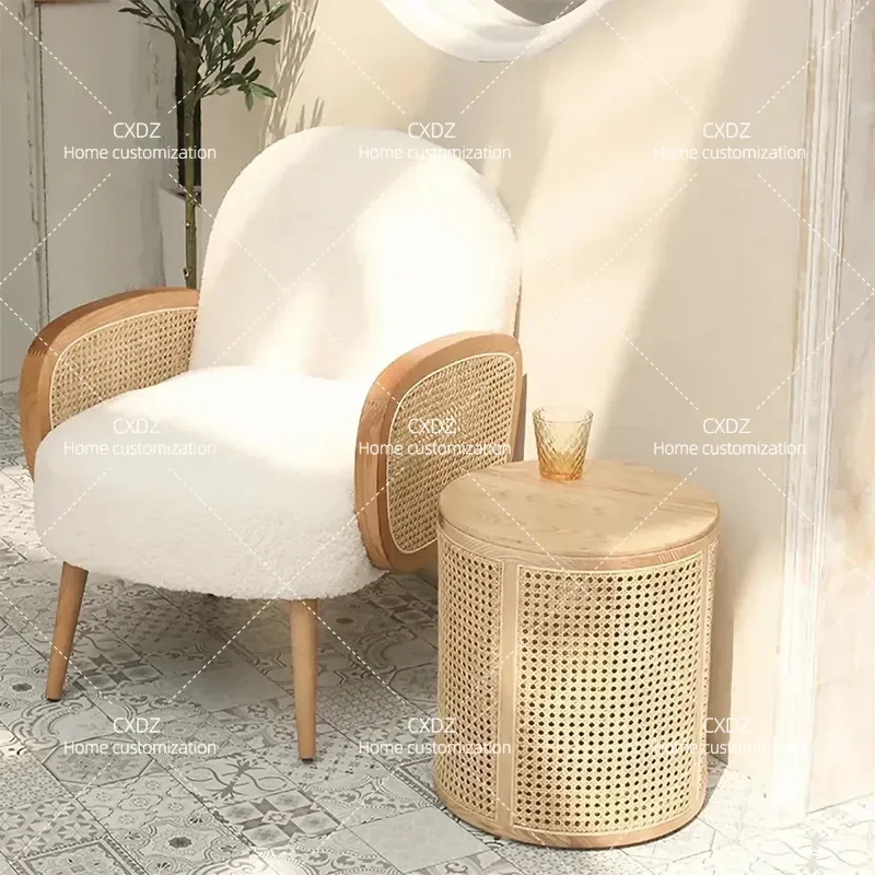 Nordic Solid Wood Rattan Coffee Table Round Storage Corner Side Table Japanese Style Cylindrical Edge Small Living Room