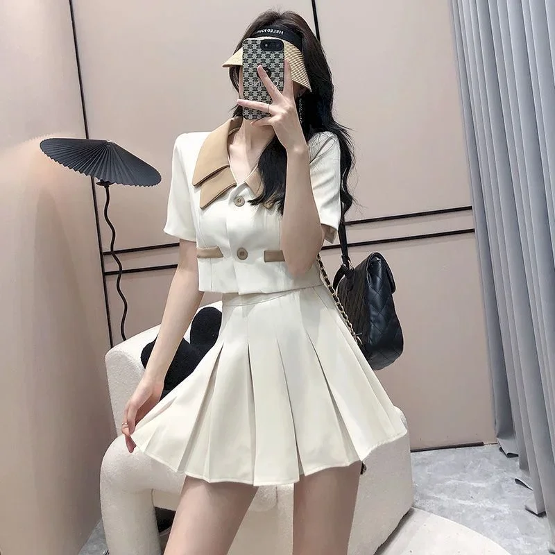 Lnsozkdg Casual Short Blazer Skirts 2 Piece Set Spring Autumn New Korean Fashion Patchwork Black Jacket Mini Skirt Suits Outfit