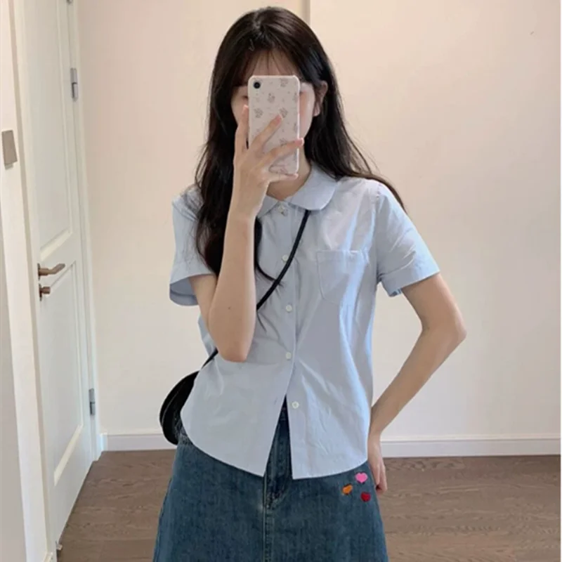 

Summer Office Lady Simplicity Elegant Trend Buttons Single Breasted Solid Color Doll Collar Short Sleeve Intellectual Generous