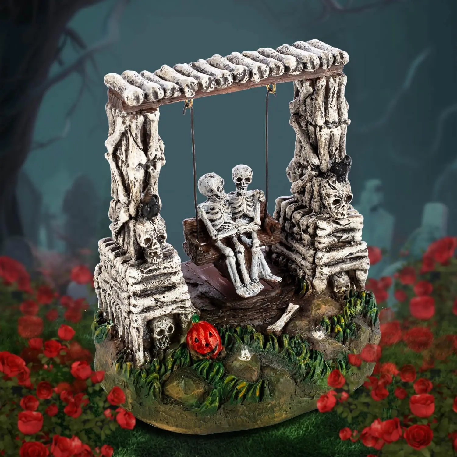 Halloween-Deko: Schwingendes Skelett-Paar, LED-beleuchtete Grusel-Dorf-Statue, animiertes Geisterfest-Tischdekor – Detail 6