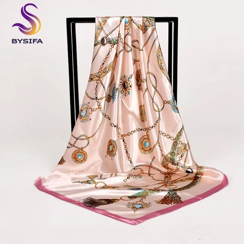 Fall Winter Pink Women Silk Scarf Hijab Fashion Chain Design Large Square Scarves Shawls Brand Accessories Neck Head Scarf Cape