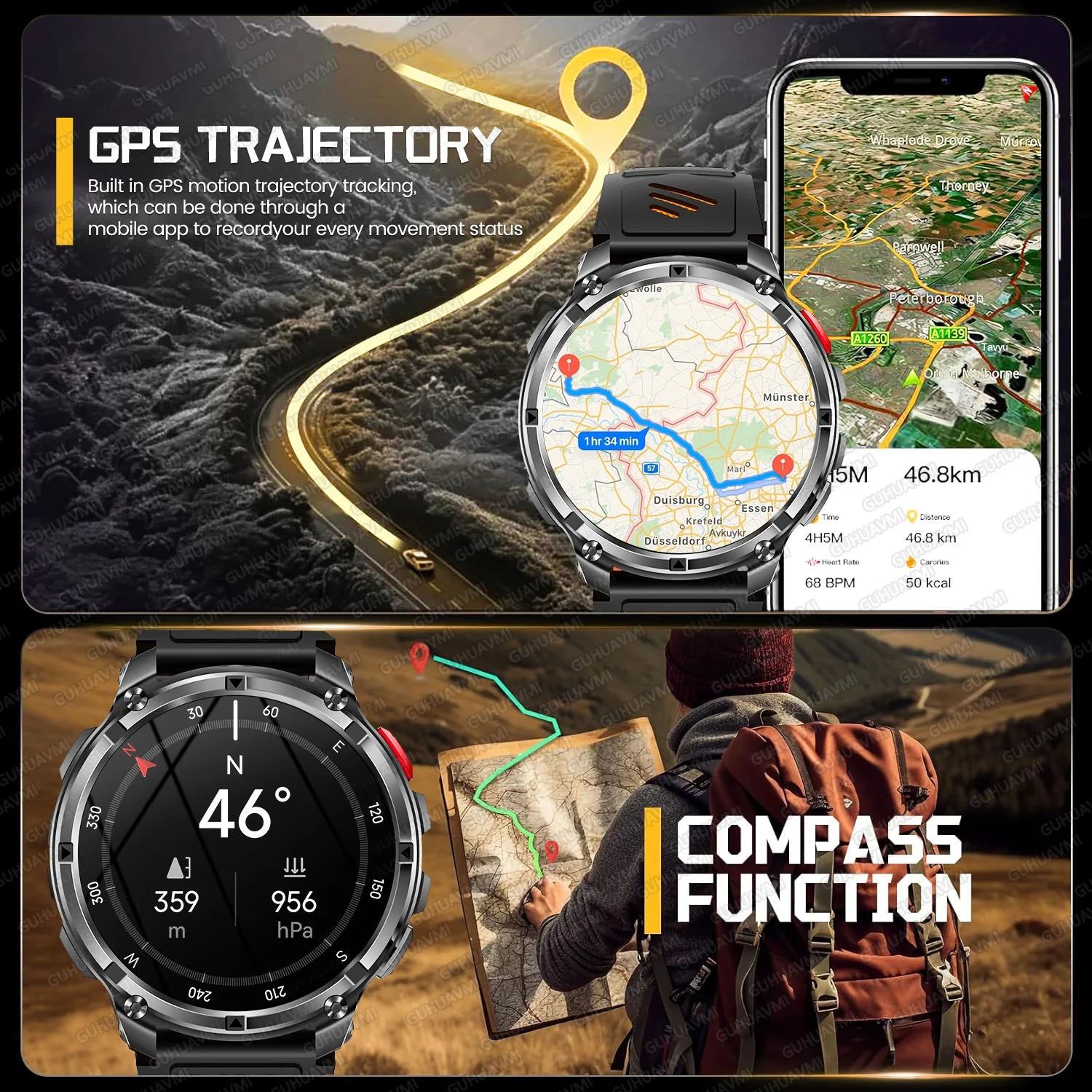 New Men TANK1100mAh Ultra Durable Battery Smart Watch GPS Compass Waterproof Bluetooth Call 100+Sport Mode Flashlight Smartwatch
