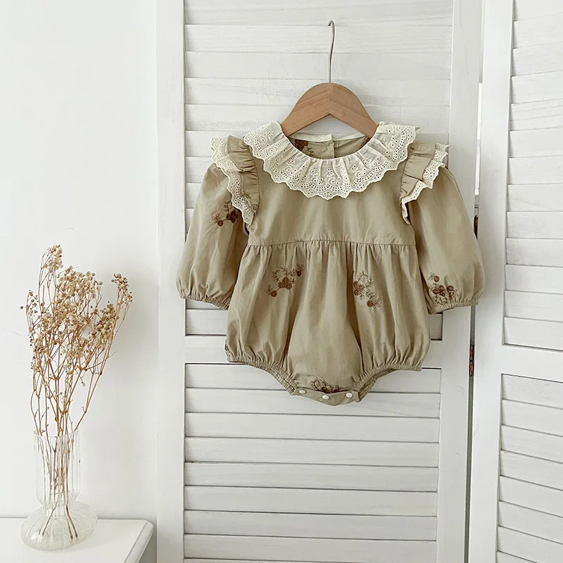 

Spring and Autumn Style Sister Matching Outfits Infant Baby Romper Long Sleeve Lace Collar Embroidered Princess Girl Dress
