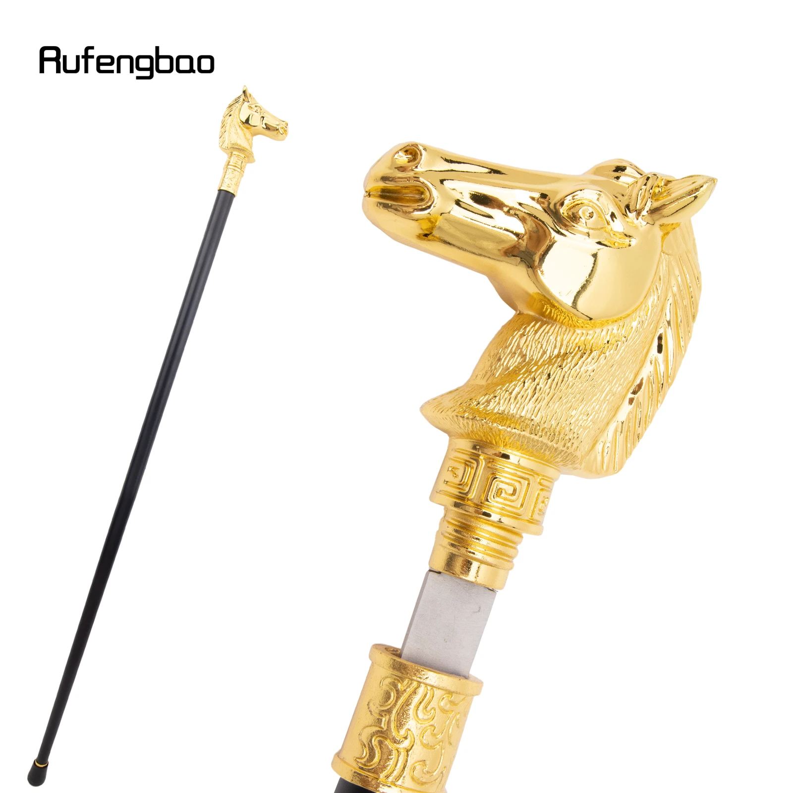 Golden Race Horse Bristle Animal Single Joint Walking Stick Hidden Plate Self Defense Fashion Cane Cosplay Crosier Stick 93cm