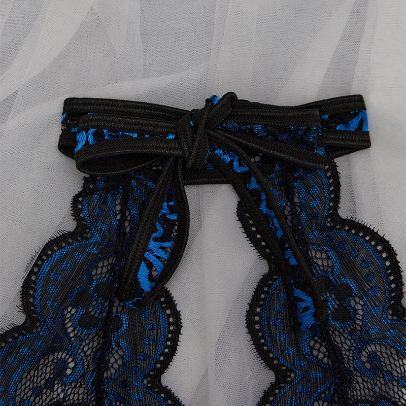 Exotic Crotchless Blue And Black Lace Bodysuit Women Pajamas Underwear Porn Hot One Pieces Backless Sexy Lingerie Erotic Costume