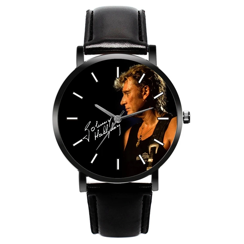 Reloj Johnny Hallyday nuevo regalo de seguidor de pulsera de cuarzo de cuero negro