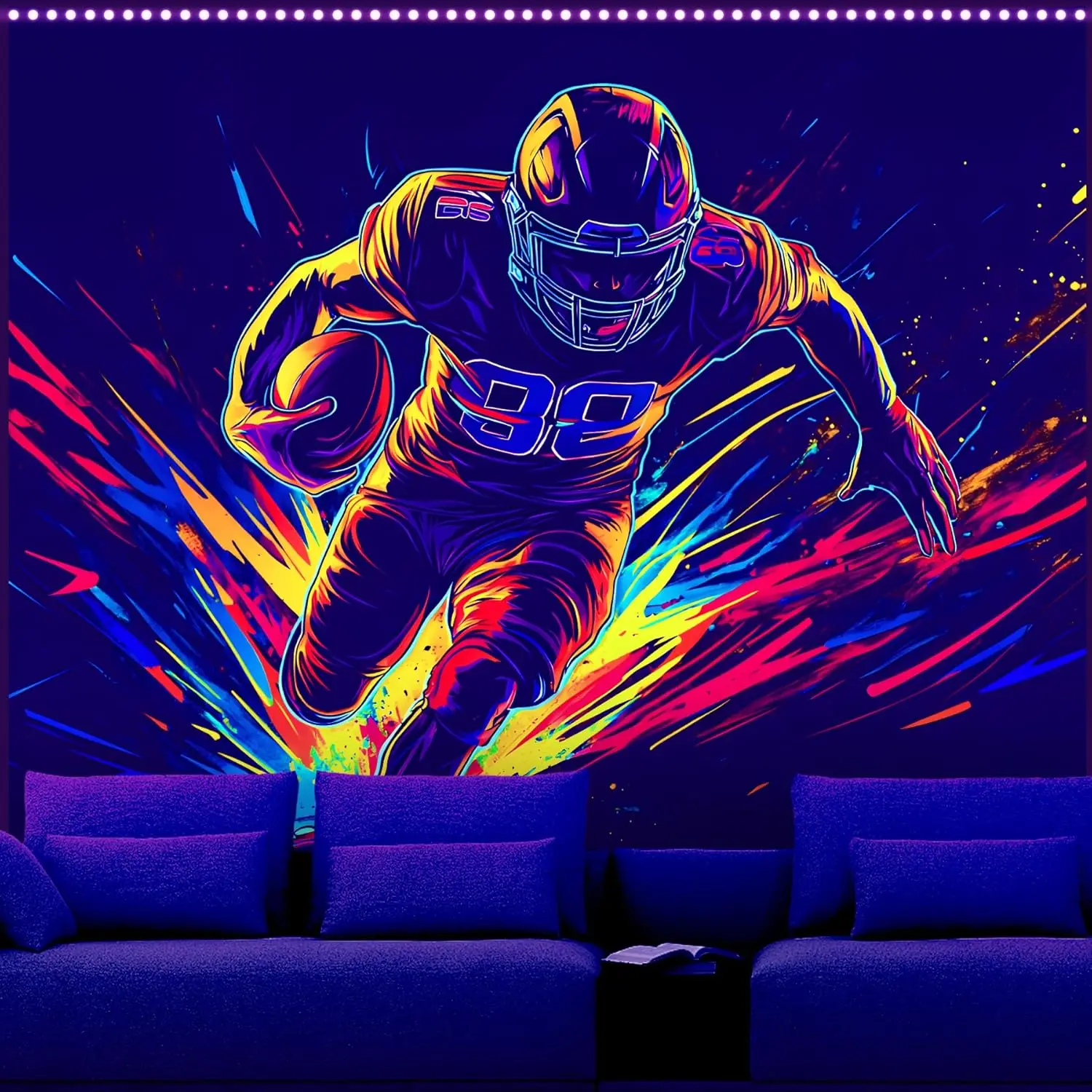 Neon Football Player Tapestry - Abstract Sports Action Wall Art, Vibrant Running Back Decor, Game Room Bedroom, Multiple Sizes