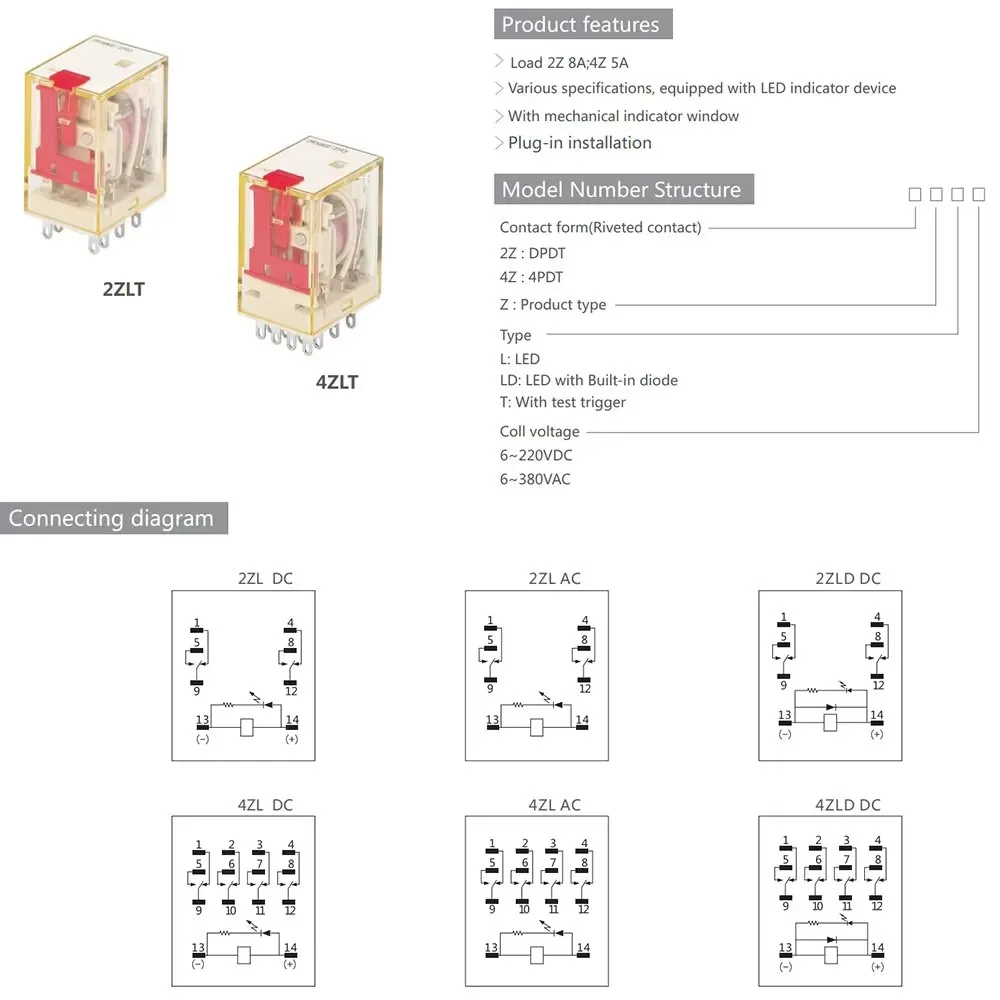 ZLT serise Electronic Micro Electromagnetic Relay LED Lamp 5A/8A 8/14Pins Coil DPDT/4PDT DC 24V AC220V