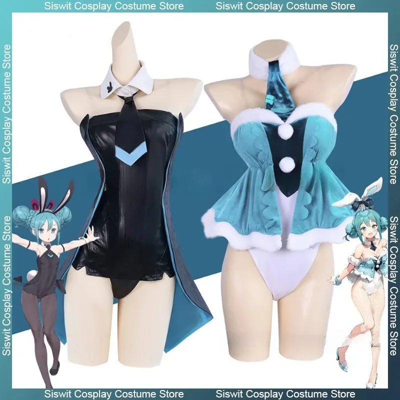 

Костюм Мику Банни для косплея, униформа, платье, парик, обувь, полный комплект, черная лакированная кожа, милый костюм кролика для девочек, вечерние карнавальные наряды