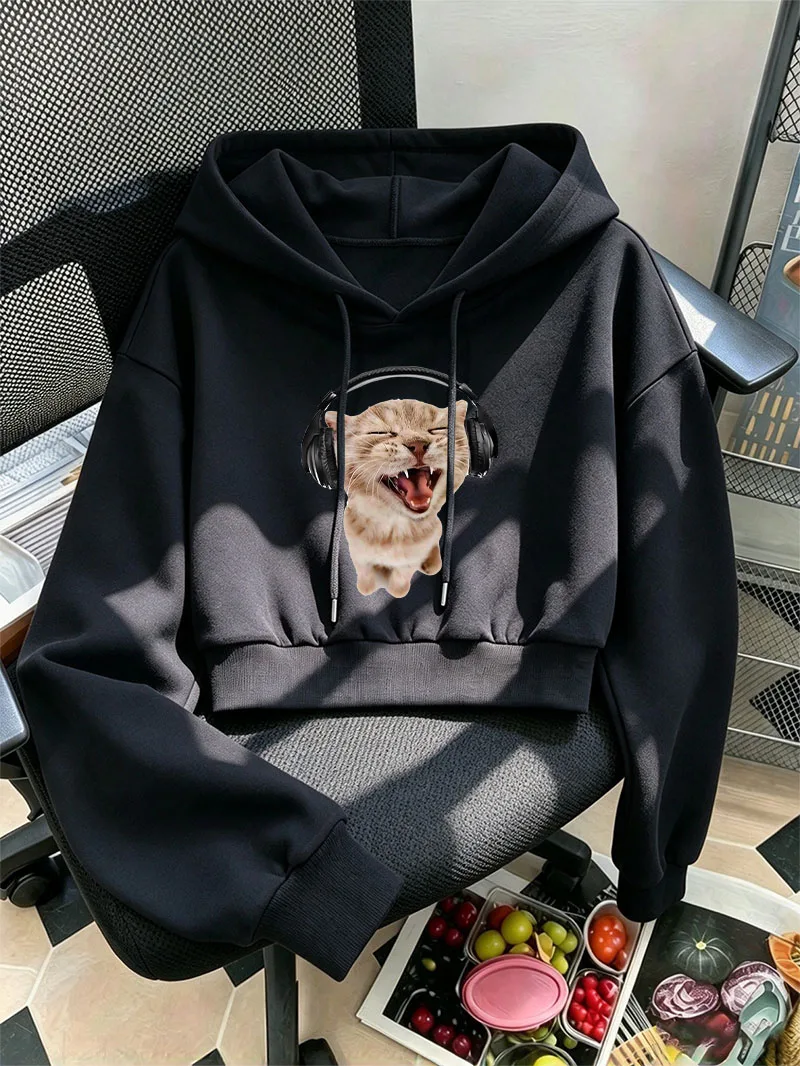 Women Funny Music Cat Graphic Cropped Sweatshirt Long Sleeve Streetwear Hoodie Y2k Hooded Cute Animal Print Casual Crop Tops