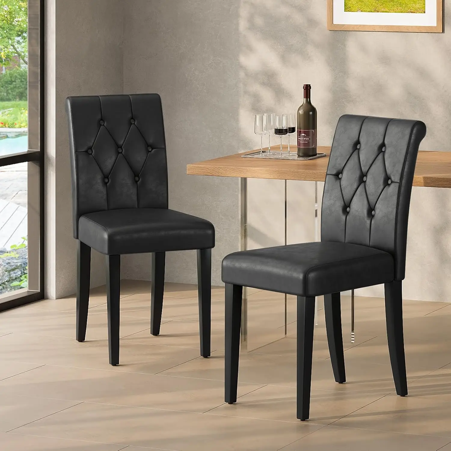 Upholstered Dining Chairs Set of 2, Button Tufted Parsons Dining Chair with Solid Wood Legs, Modern PU Leather Side, Customized