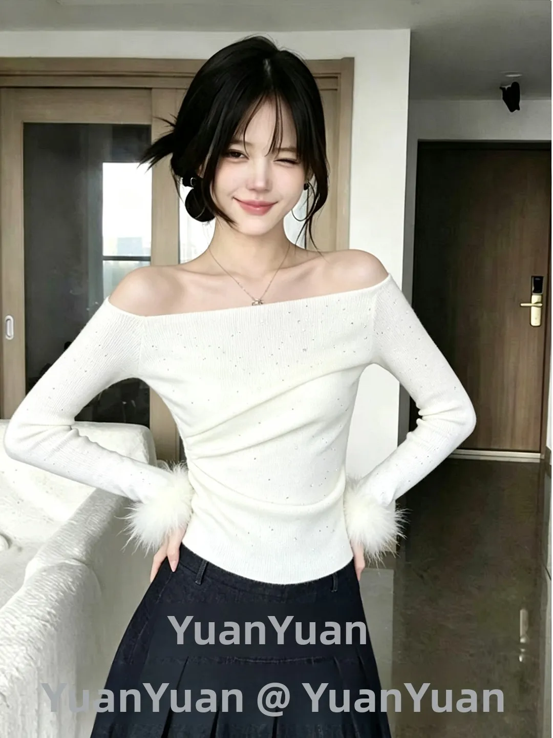 Ch�okcedy Style Korean Gentle Shoulder Bared Knitted Sweater Women's Long Sleeve Top Beautiful Fashionable Autumn Winter New ...