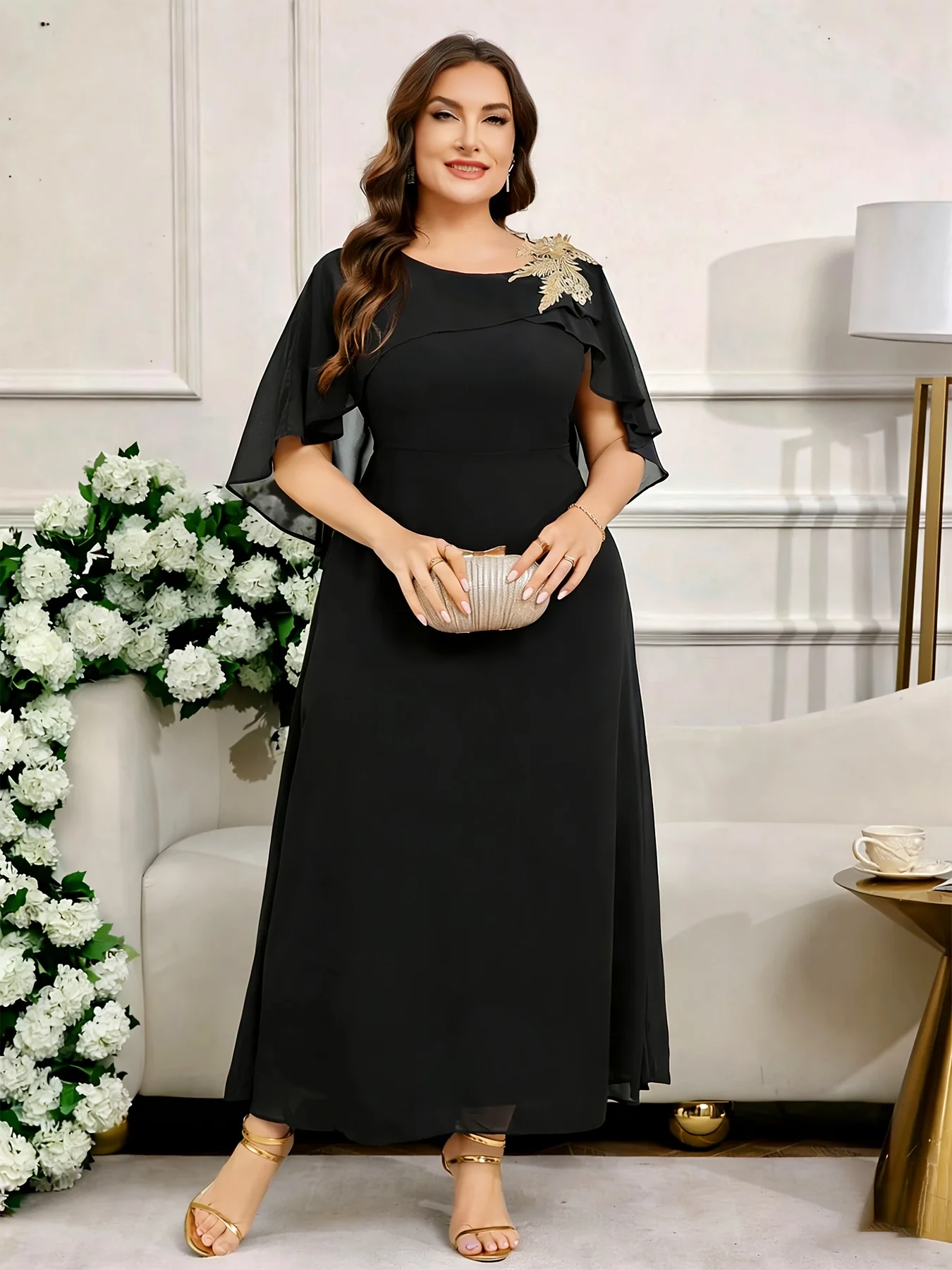 プラスサイズ-ラウンドネック-ブラック-シフォン-ロングイブニングドレス-結婚式-披露宴用-4xl-5xl-高級パーティー-半袖-マザードレス