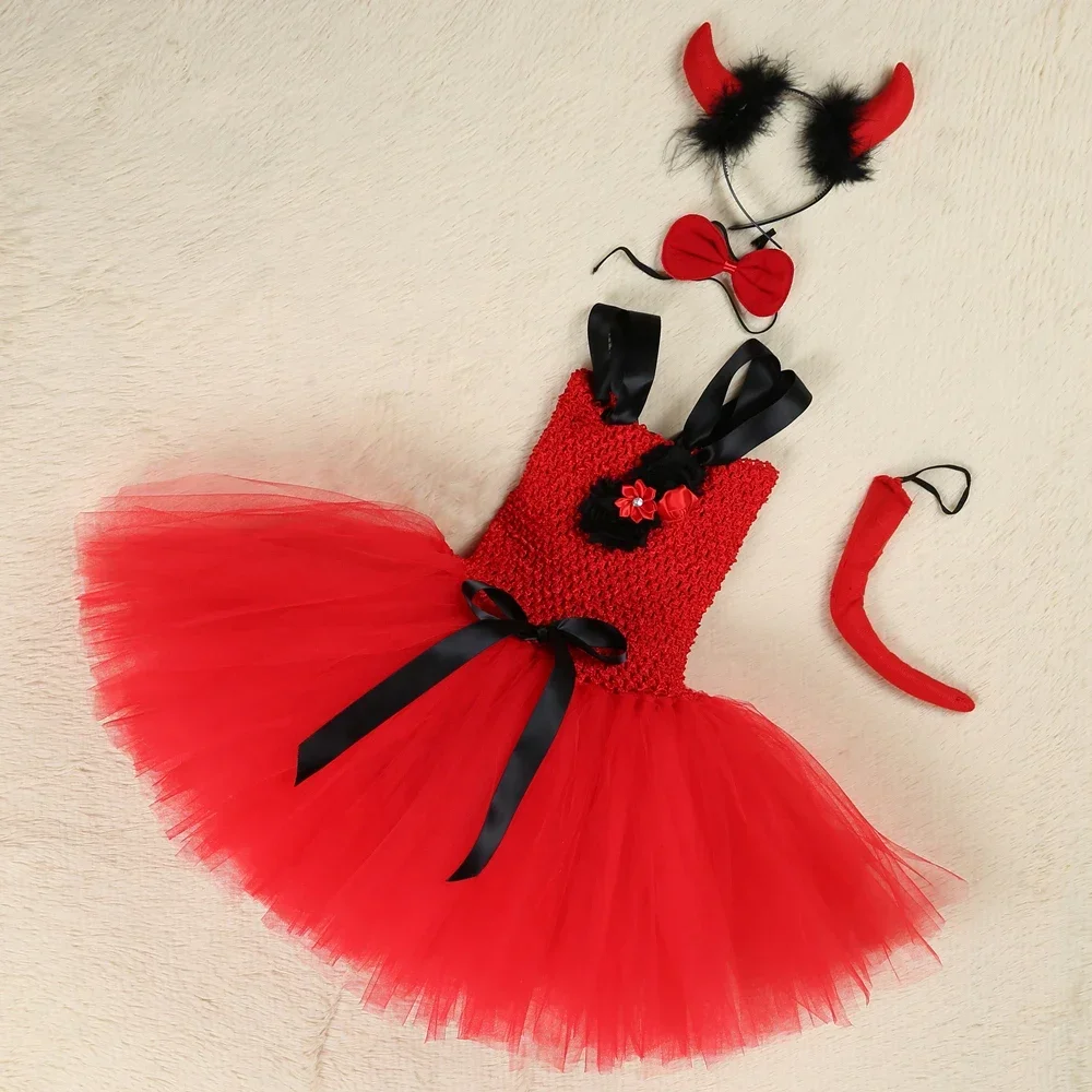Demon Devil Costume for Girls Halloween Red Tulle Tutu Dress Toddler Kids Carnival Party Fancy Dress Up Clothes with Horns Set