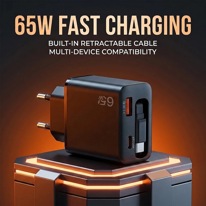 Image of 65W USB-C-Ladegerät mit einziehbarem Typ-C-Kabel, schnelles Ladewandadapter-Set für iPhone, für Samsung, tragbarer Handy-Ladestecker