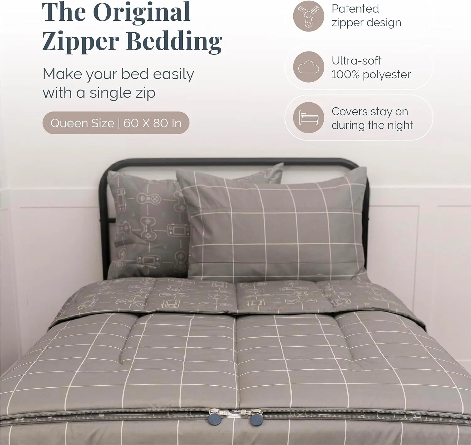 Gray Gamer All-in-One Zipper Bedding Set for Kids/Teens - Queen