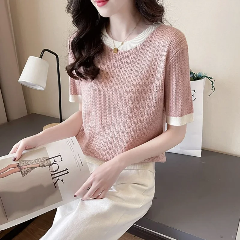 Summer Korean Short Soft Knit Short Sleeved T-shirt Women\'s O-Neck Color Block Screw Thread Design Simple Versatile Sweater Top