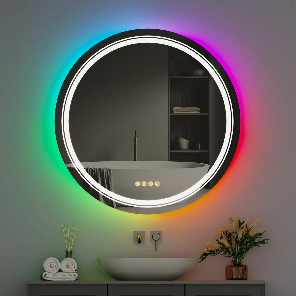 

RGB Backlit Front Lighted Mirror: 32 Inch Round Dimmable 11 Color Changing Smart Anti-Fog Vanity Mirrors with Light Memory