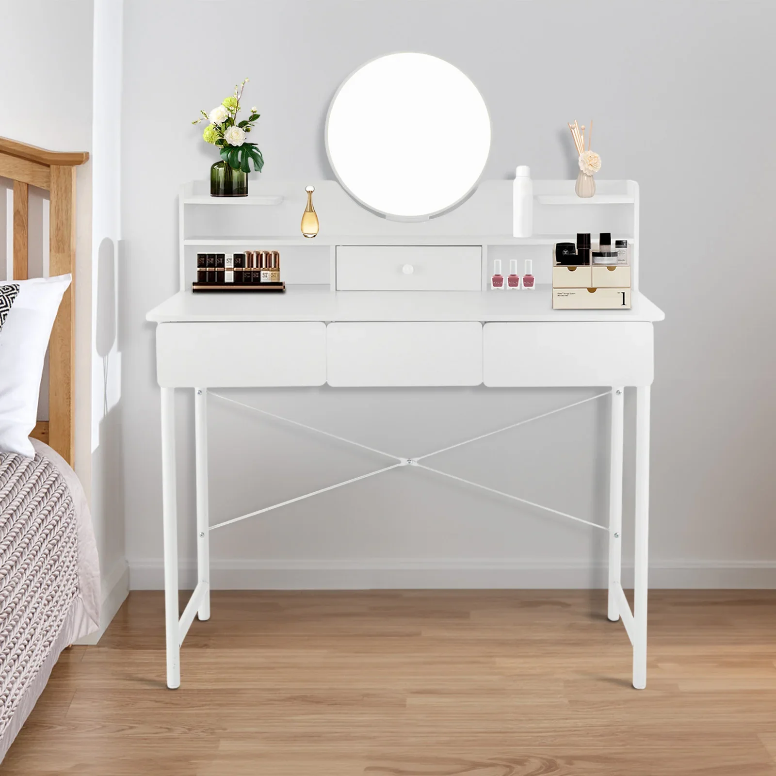 Vanity Dressing Table Bedroom Makeup Desk with 3 Drawers Storage 1 Door and Mirror White