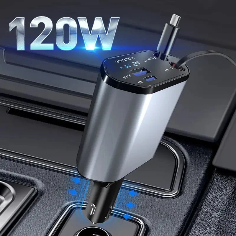 

100W Car Charger Car Super Fast Charge Flash Charging, Telescopic Cable Four-in-one Point Smoker Car Charging For IPhone Xiaomi