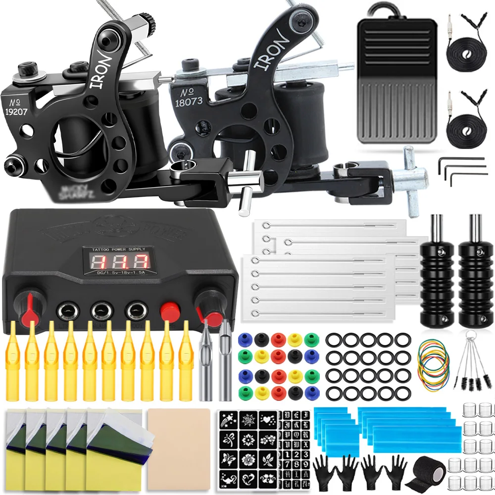 

Complete Tattoo Kit Coil Machines Gun Power Supply Grips Body Art Tools Set Cheap Permanent Makeup Tattoo Set Tattoo Supplies