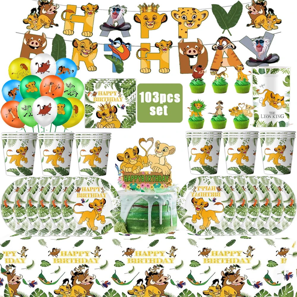 

Lion King Simba Birthday Party Decor Disposable Tableware Gift Bags Backdrop Cake Topper Banner Plate for Kid Party Supplies Set