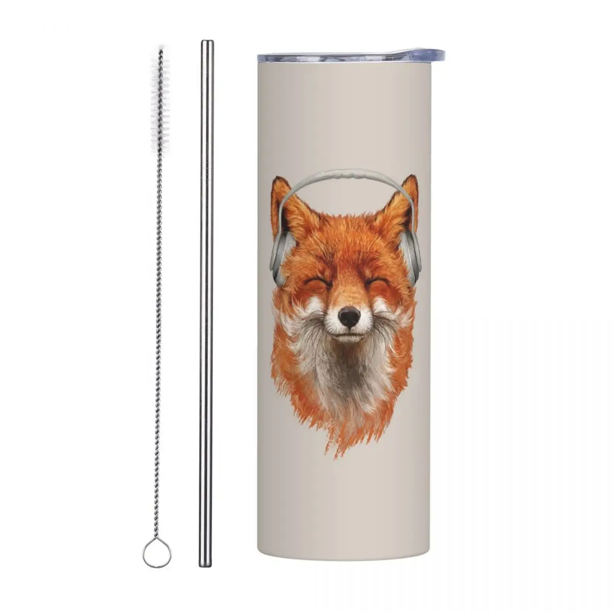 Smiling Musical Fox Stainless Steel Tumbler Vacuum Insulated Mug Thermal Cold Cup Straw With Lid 20oz