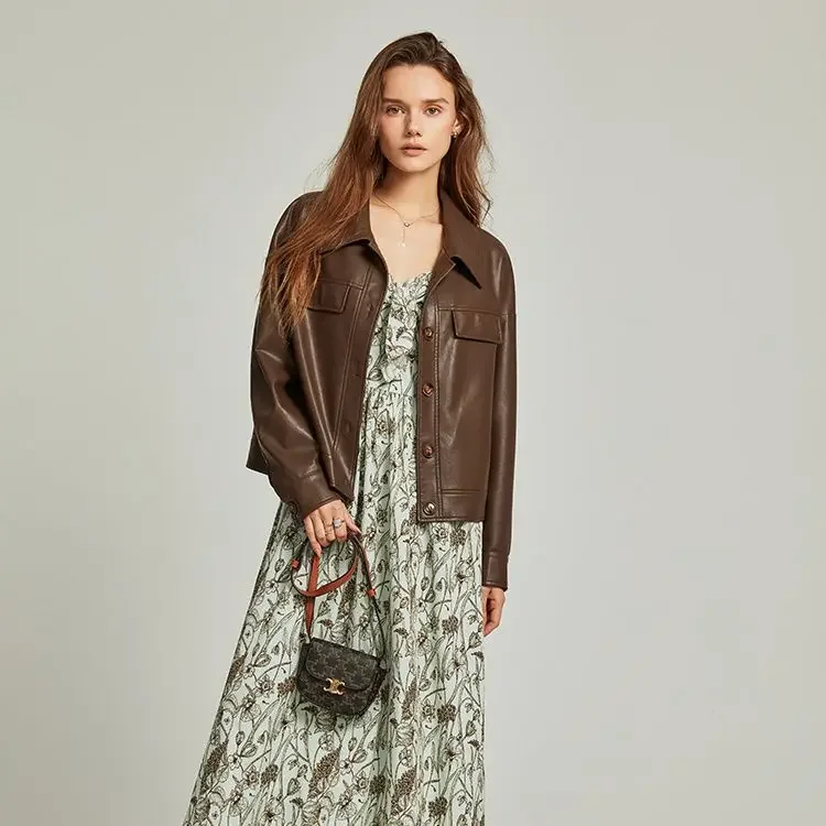 Blouson en cuir PU femme, col rétro, printemps et automne, 2025