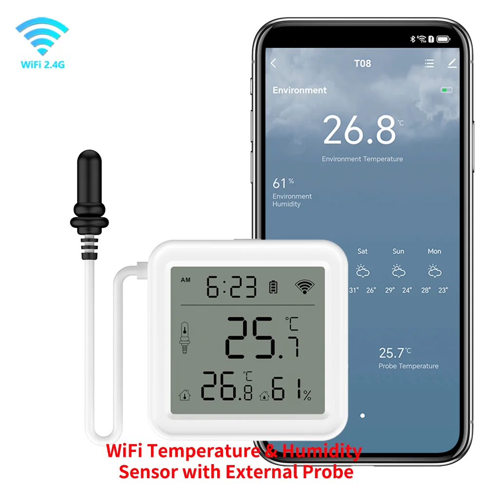 Zitech-Capteur de température et d'humidité WiFi avec sonde externe, hygromètre intelligent pour la maison, la surveillance des plantes, l'aquarium et le vin