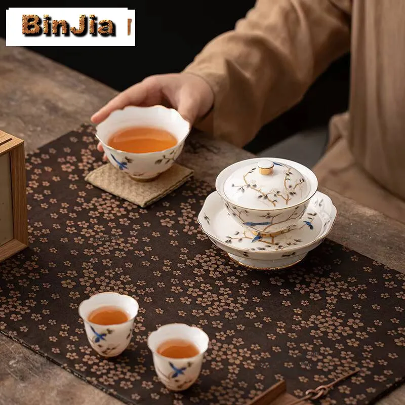 

Mutton Fat Jade Cover Bowl Set Creative Day Lily Tea Set Kit With Plate Zen Tea Ceremony Set Bowl And Cup Set Drinkware Gifts