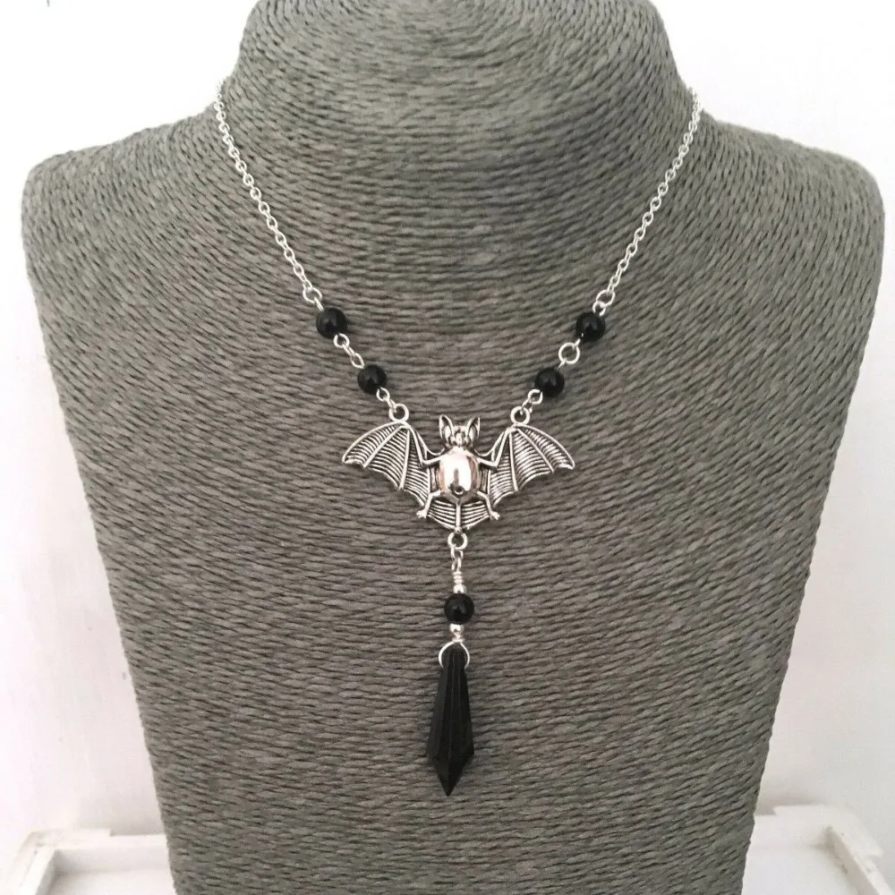 Gothic Witch Bat Pendant Necklace Black Crystal Teardrop Beads Chain for Women Men Unisex Dark Magic Halloween Punk Jewelry Gift