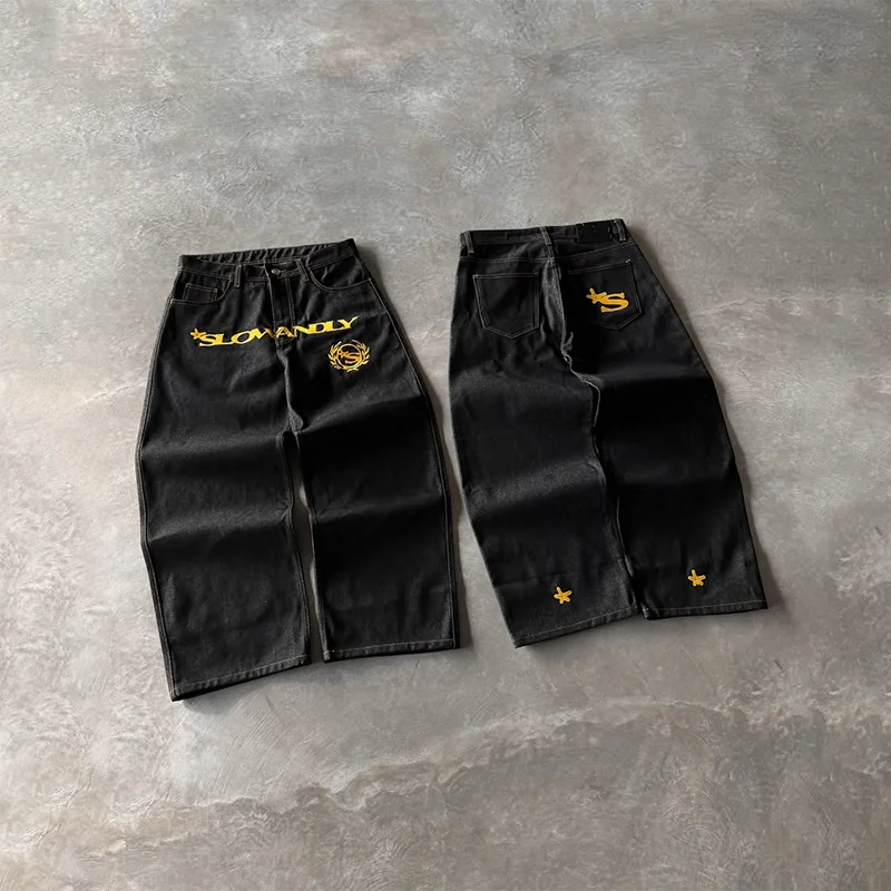 

Y2K Высококачественные удобные джинсы с желтыми буквами и декоративной вышивкой логотипа, широкие джинсы для мужчин и женщин, модная уличная одежда в стиле хип-хоп