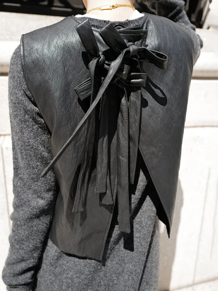 Business Commute Style PU Leather Vest Women's Short A-Line Jacket Black  Knot Design Fashionable Versatile  Vest